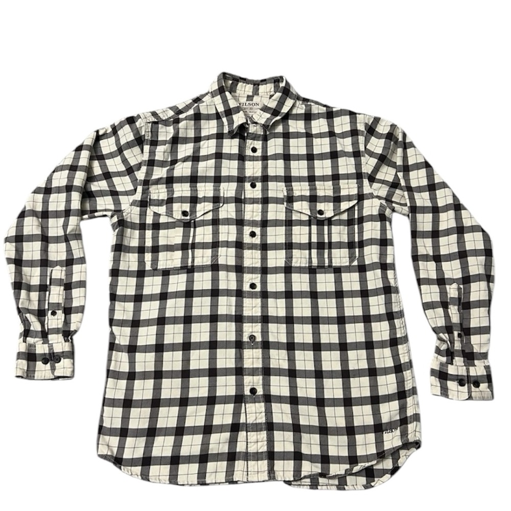 Filson Vintage Flannel Work Shirt Beige Dark Brown Plaid M Long Sleeve